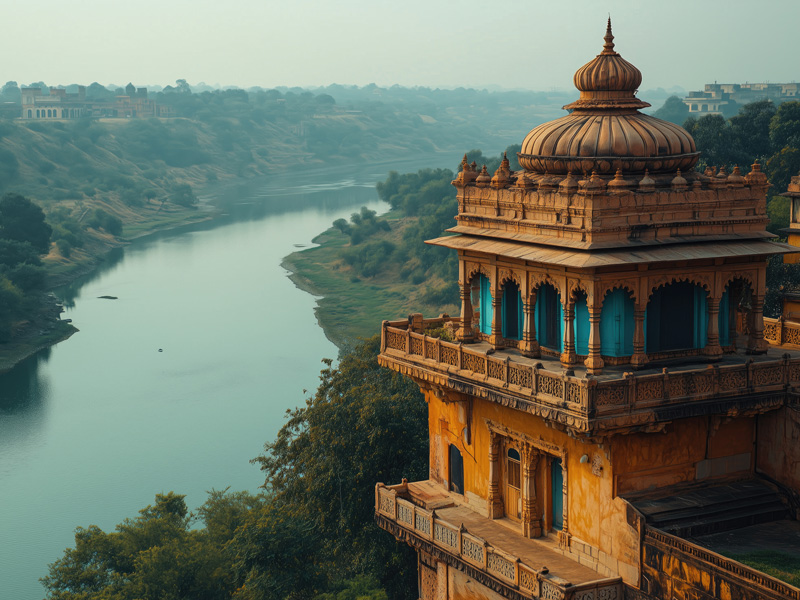 Indian city buildings alongside a winding river
