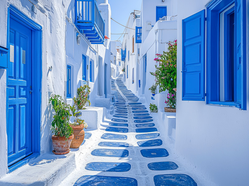 typical blue and white street in Greece