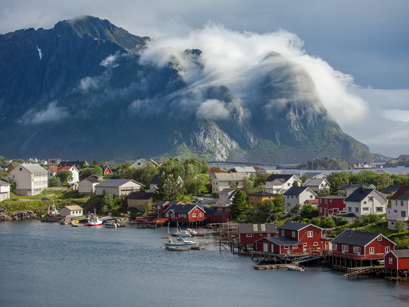 Beautiful view of Scandinavian village on the water