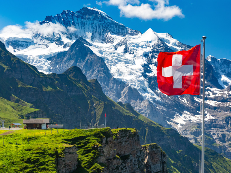 view of the Swiss Alpes in the distance and a Swiss flag in the forefront